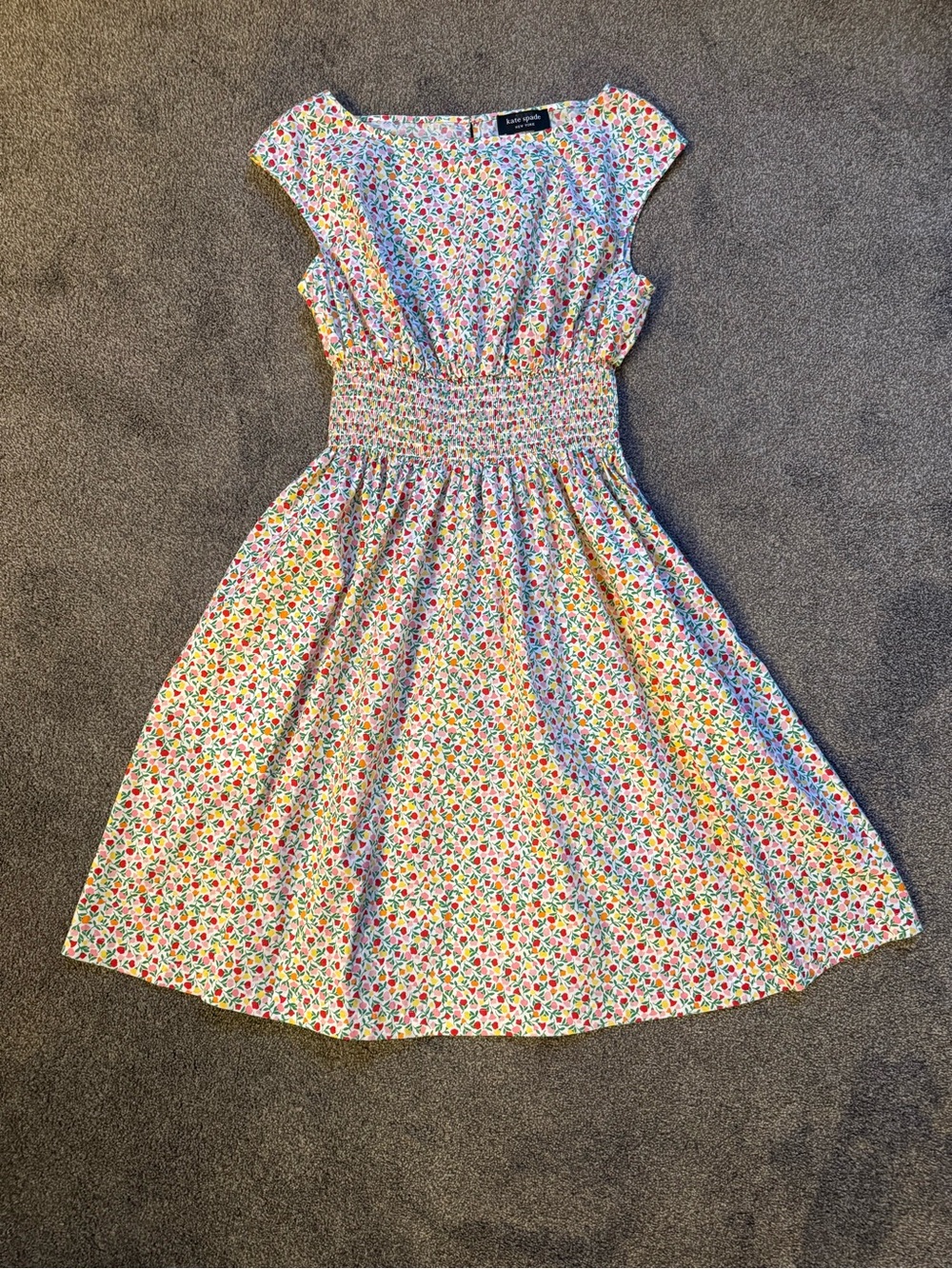 kate spade White Floral Smocked Waist Day Dress with Multicolor Blossoms